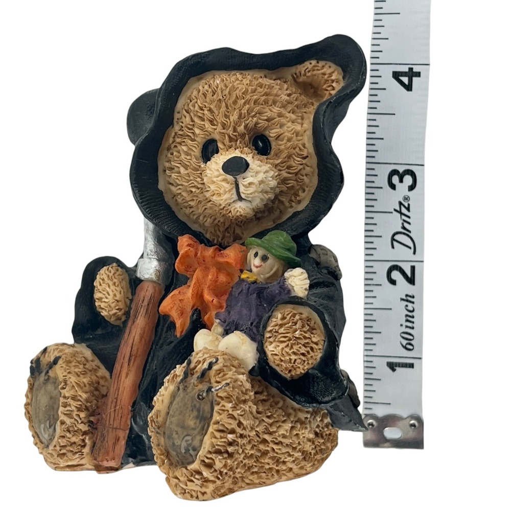 Halloween Grim Reaper Teddy Bear Figurine Scythe Scarecrow Skull Cloak 4 Inch - Picture 7 of 7